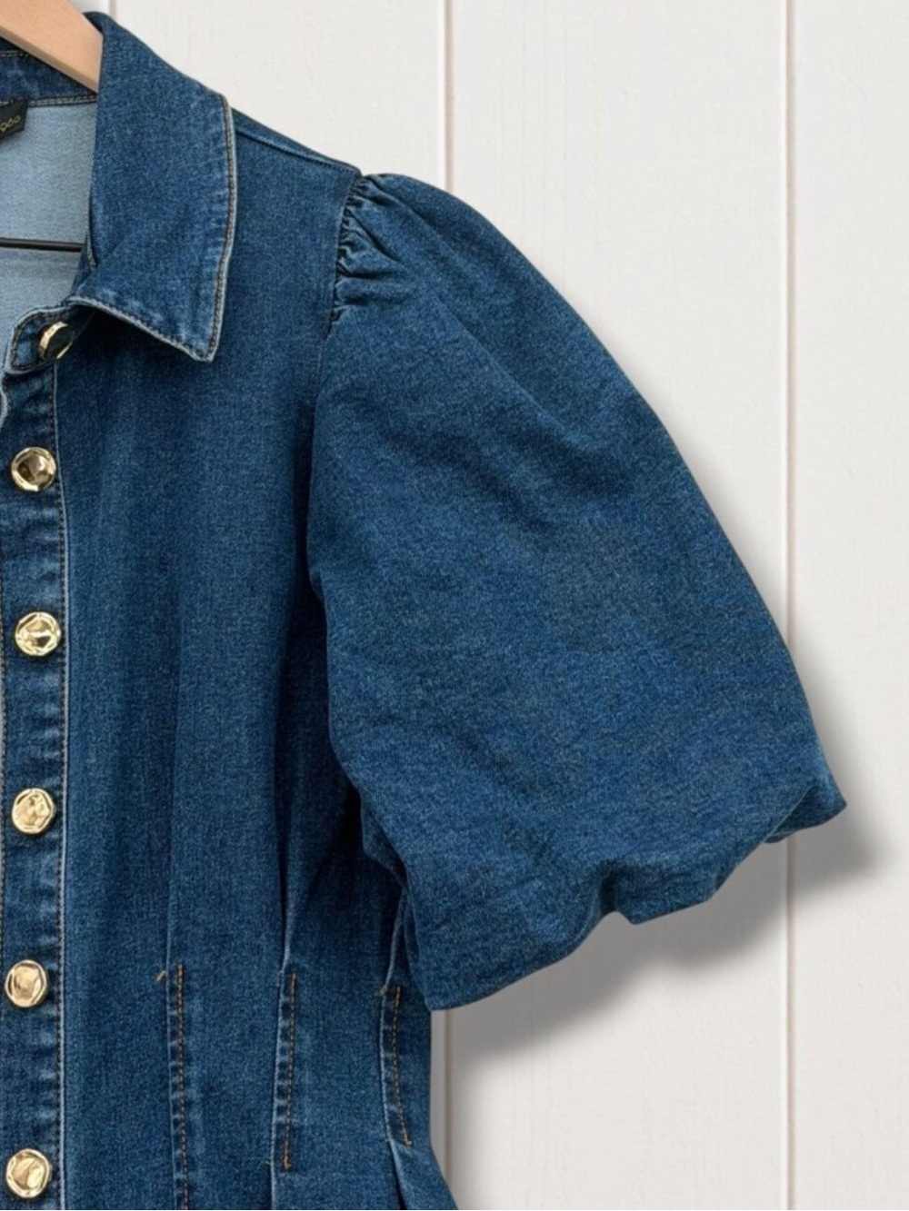 NEW HOUSE OF HARLOW PUFFER AND PLEATED WAIST SLEEVES DENIM DRESS SIZE 6 - Picture 10 of 12